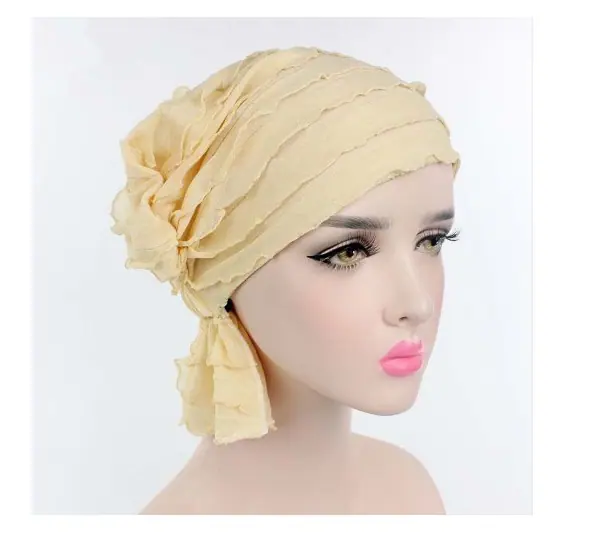 Wig Cap Turban Wrinkle Muslim Ruffle Chiffon Tripe Scarf Chemotherapy Hat Beanies Headwear for Women F0242