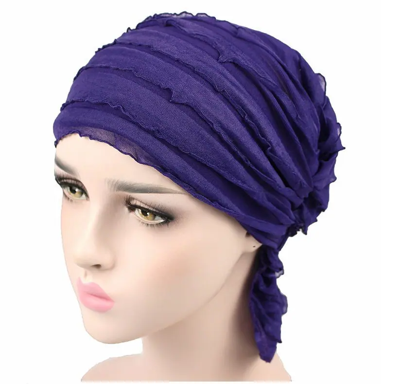 Wig Cap Turban Wrinkle Muslim Ruffle Chiffon Tripe Scarf Chemotherapy Hat Beanies Headwear for Women F0242