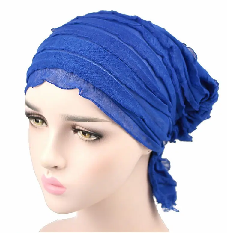 Wig Cap Turban Wrinkle Muslim Ruffle Chiffon Tripe Scarf Chemotherapy Hat Beanies Headwear for Women F0242