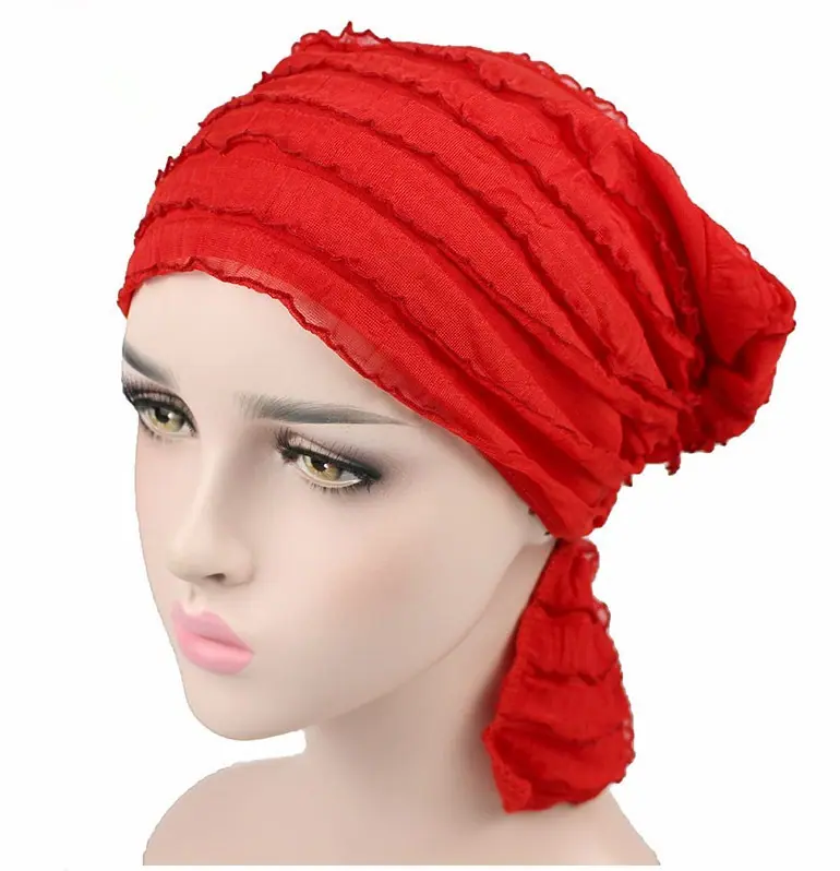Wig Cap Turban Wrinkle Muslim Ruffle Chiffon Tripe Scarf Chemotherapy Hat Beanies Headwear for Women F0242