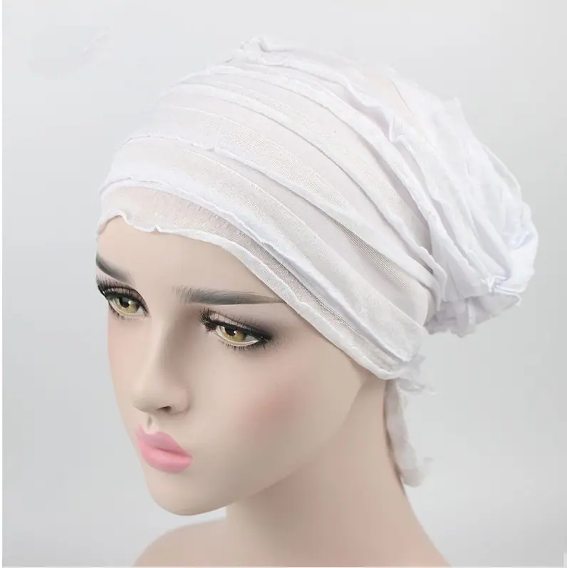 Wig Cap Turban Wrinkle Muslim Ruffle Chiffon Tripe Scarf Chemotherapy Hat Beanies Headwear for Women F0242