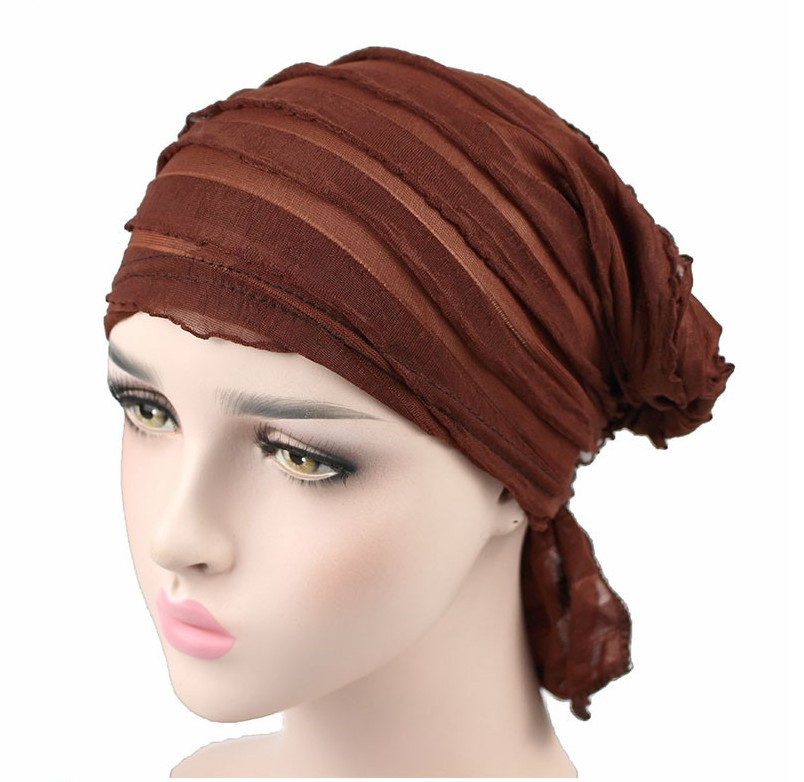 Wig Cap Turban Wrinkle Muslim Ruffle Chiffon Tripe Scarf Chemotherapy Hat Beanies Headwear for Women F0242