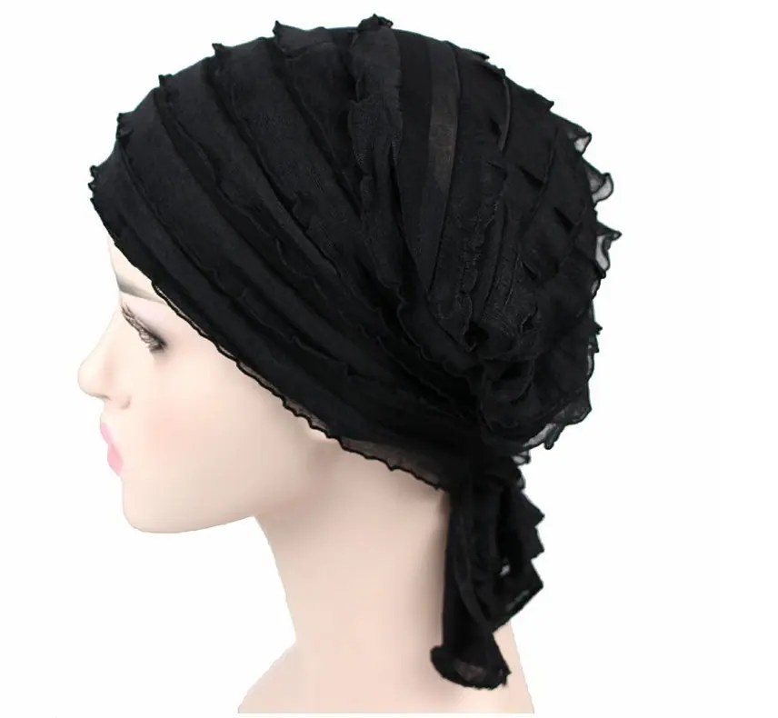 Wig Cap Turban Wrinkle Muslim Ruffle Chiffon Tripe Scarf Chemotherapy Hat Beanies Headwear for Women F0242