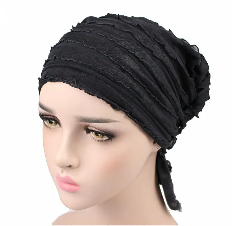 Wig Cap Turban Wrinkle Muslim Ruffle Chiffon Tripe Scarf Chemotherapy Hat Beanies Headwear for Women F0242