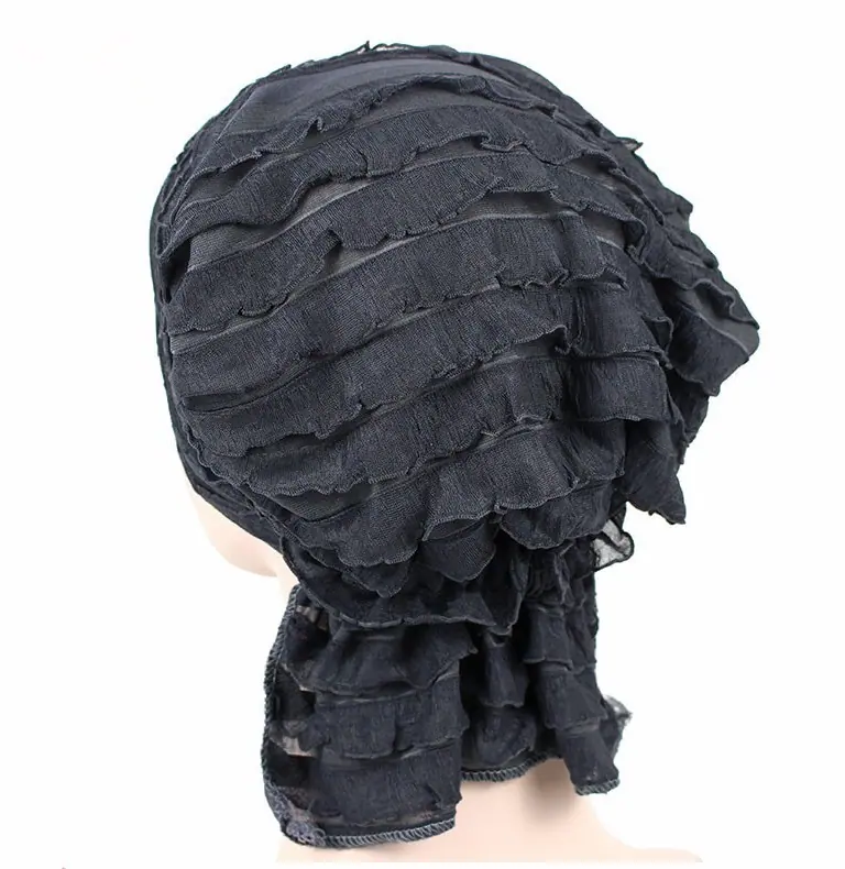Wig Cap Turban Wrinkle Muslim Ruffle Chiffon Tripe Scarf Chemotherapy Hat Beanies Headwear for Women F0242