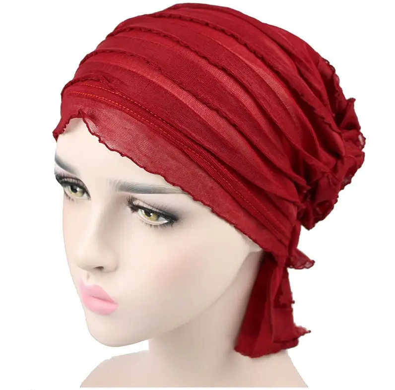 Wig Cap Turban Wrinkle Muslim Ruffle Chiffon Tripe Scarf Chemotherapy Hat Beanies Headwear for Women F0242